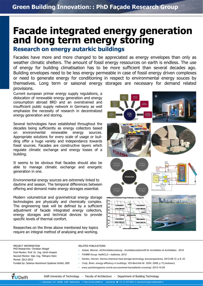 PhD research on facade integrated energy generation and long term energy storing. Energy autarkic buildings, sustainable energy generation in facades